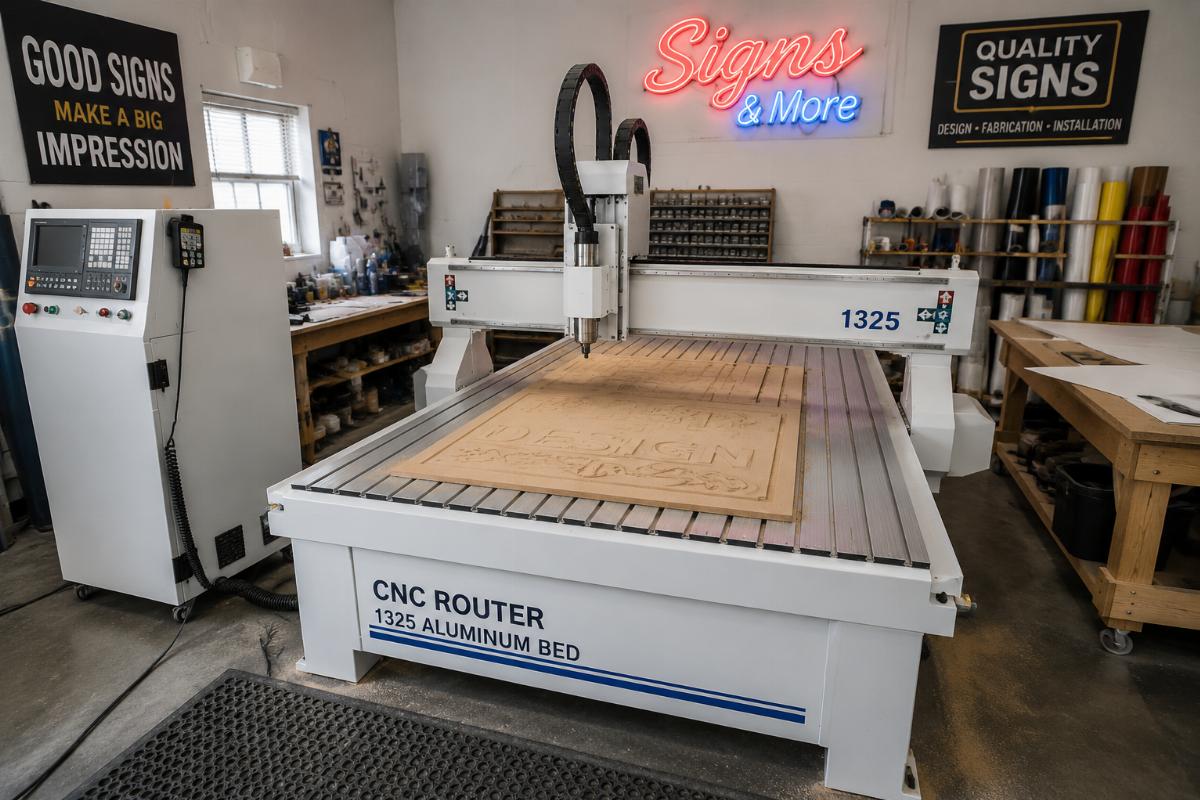 A finished factory assembled 1325 aluminum bed CNC router positioned in a small sign shop