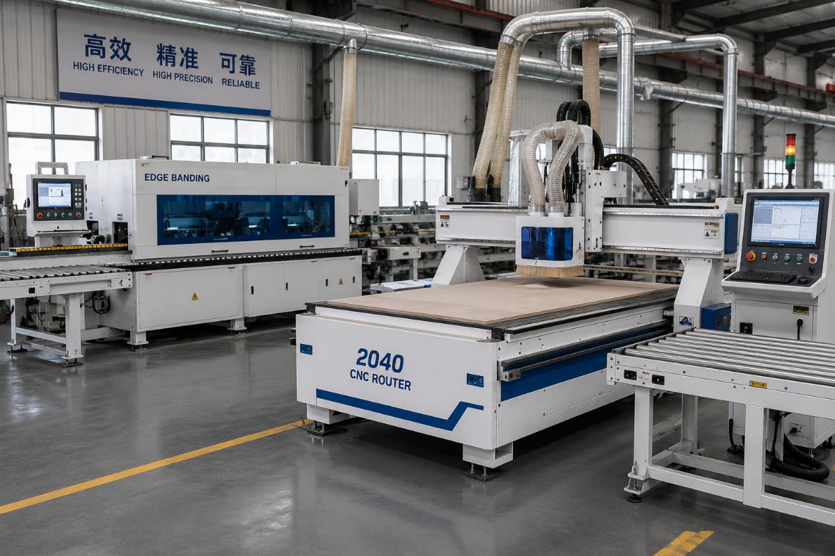 2040 CNC router aligned with existing edge banding equipment in a factory