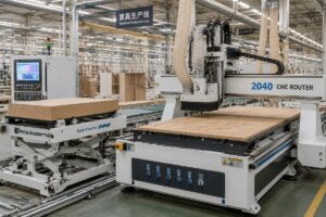 2040 CNC router with auto feeder operating in a furniture factory production line