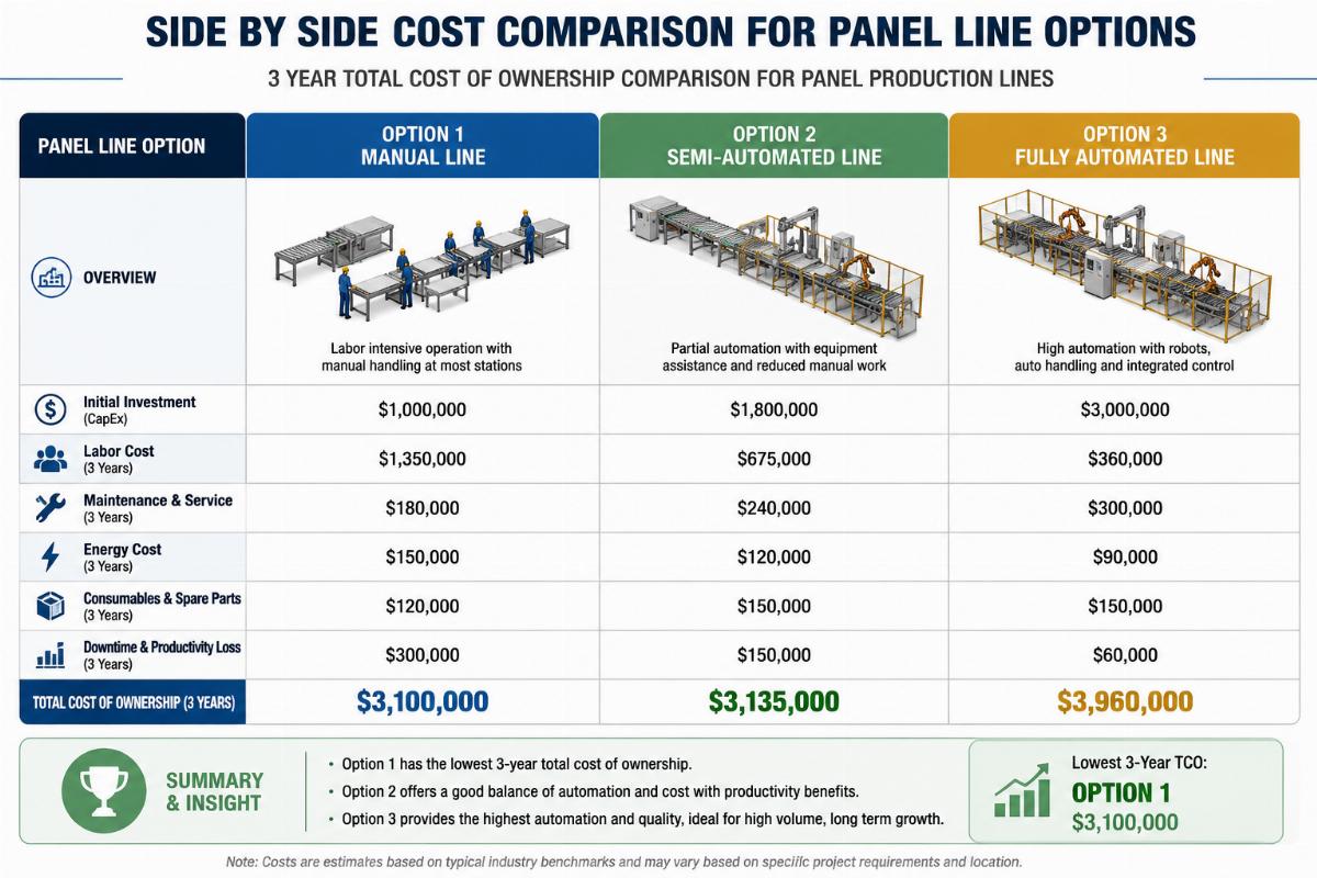 3 year total cost of ownership comparison for panel production lines Side by side cost comparison chart for panel line options