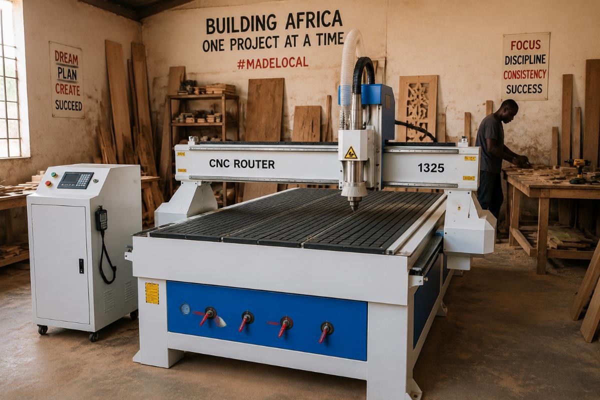 affordable air cooled CNC router for small workshops Entry level 1325 CNC router with air cooled spindle in an African startup woodworking workshop