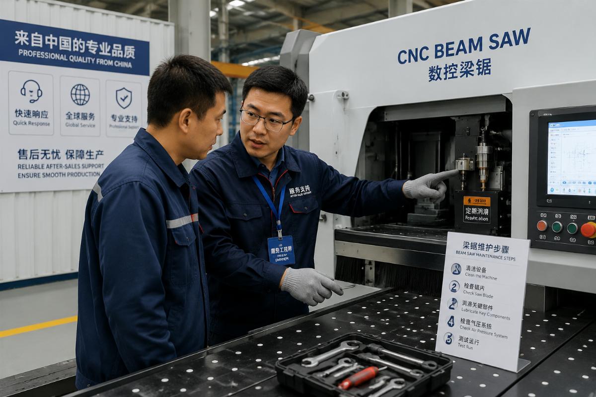 After-sales support for CNC beam saw from Chinese suppliers Service engineer walking a workshop operator through beam saw maintenance steps