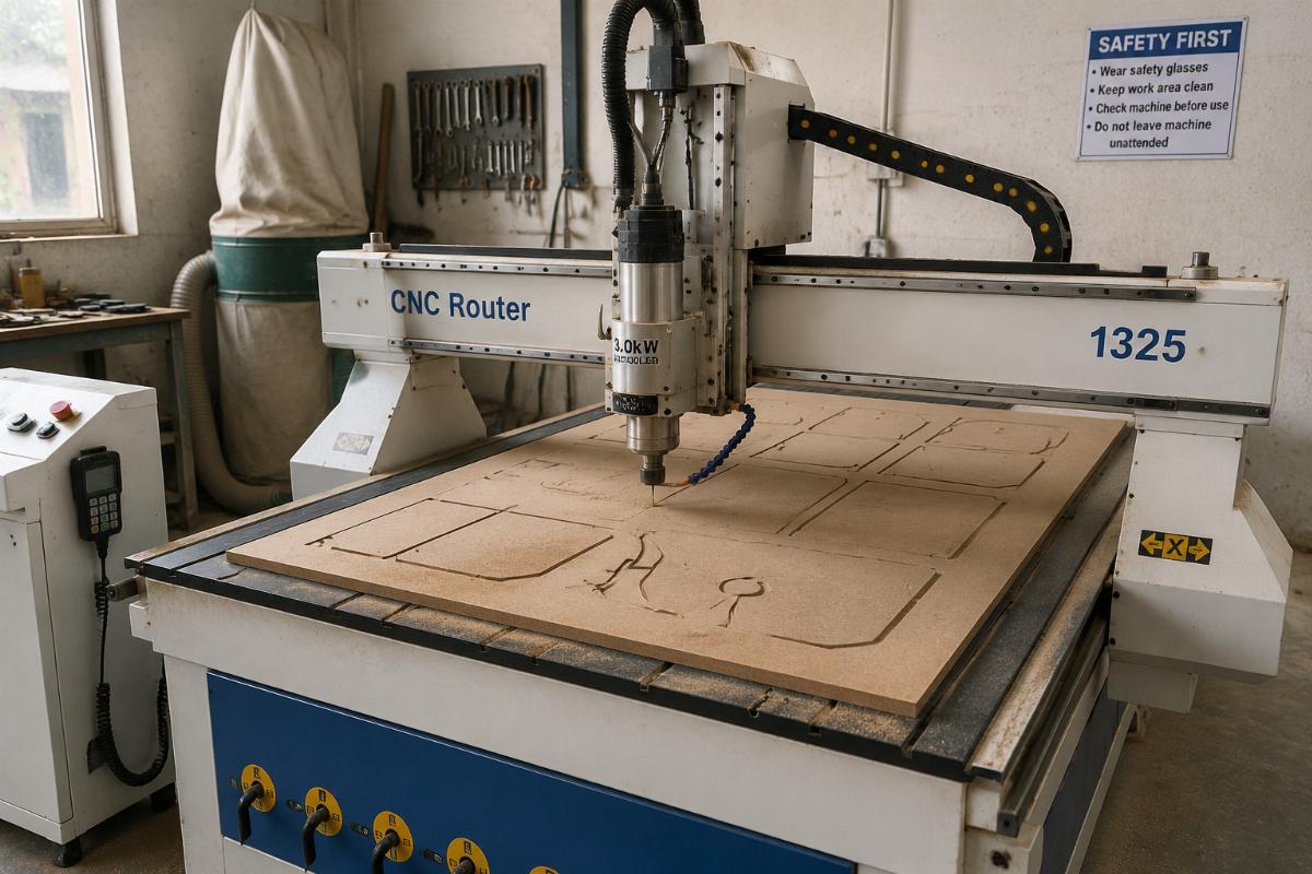 air cooled spindle CNC router for MDF cutting 3kW air cooled spindle installed on a 1325 CNC router running MDF cutting operations in a small workshop