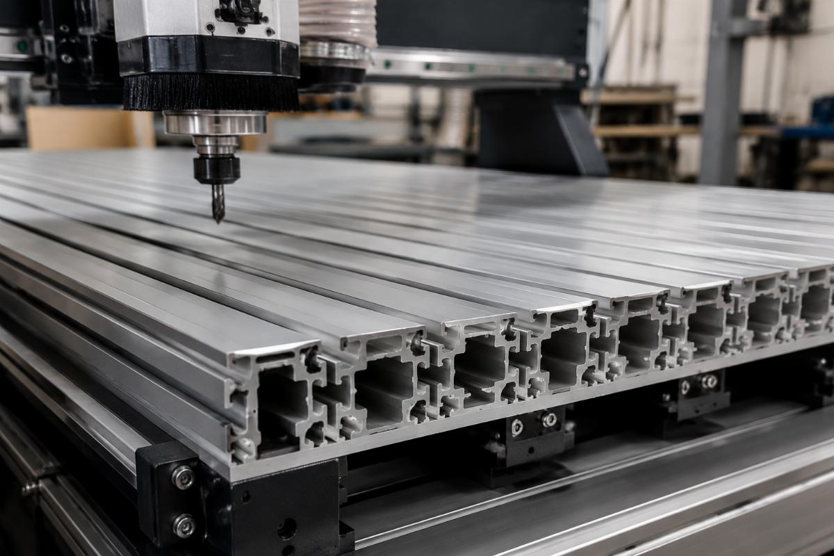 Close up of a precision cut and pre-tensioned aluminum extrusion bed on a factory CNC router