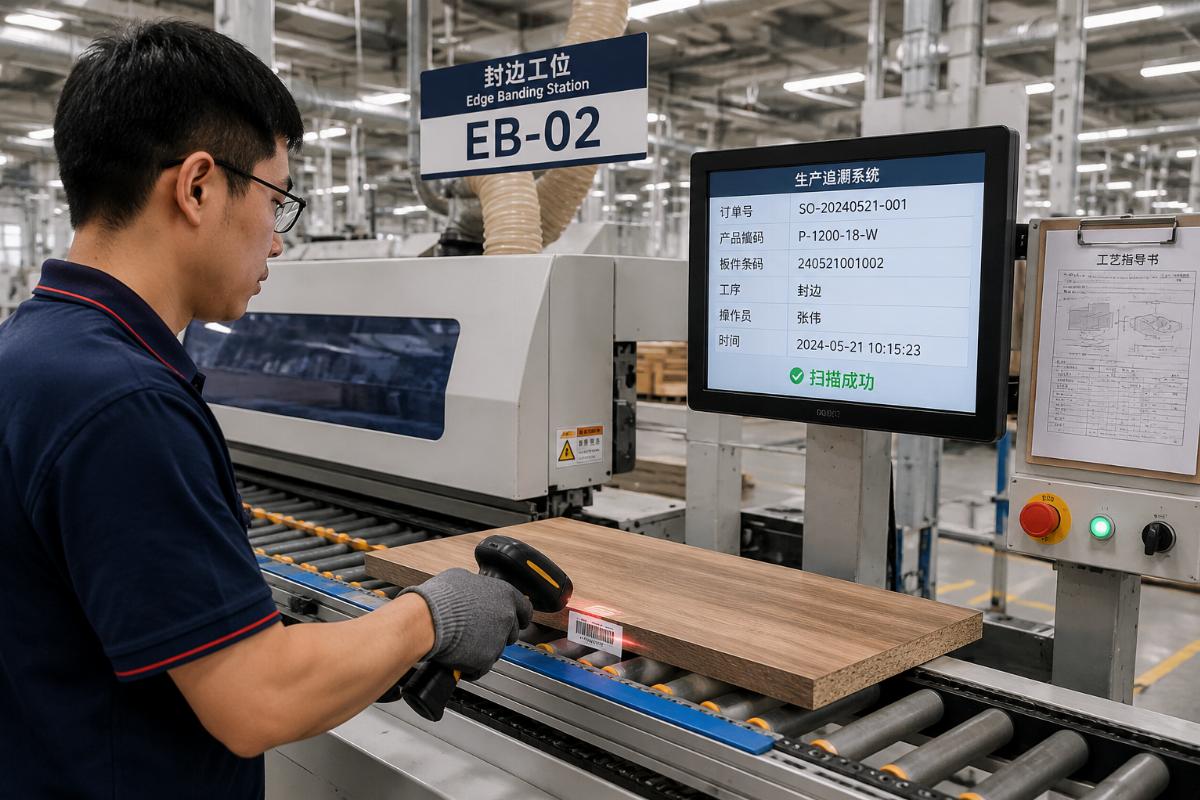 Barcode scanning at production nodes for traceability Workers scanning barcodes at edge banding station on production floor