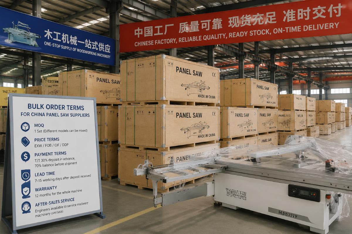 Bulk order terms for China panel saw suppliers Warehouse with stacked crates of ready-to-ship woodworking machinery from a Chinese factory