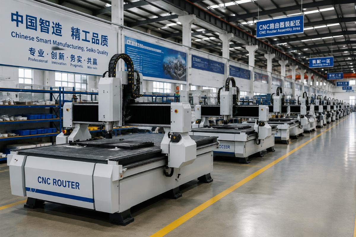 A production line of factory assembled CNC routers at a Chinese manufacturing facility
