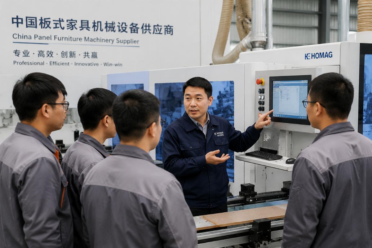 China panel furniture machinery supplier Engineer conducting on-site equipment training for factory operators