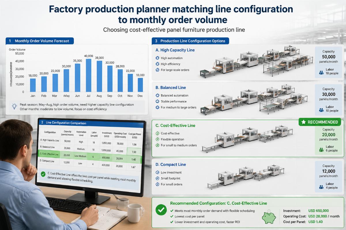 Choosing cost-effective panel furniture production line Factory production planner matching line configuration to monthly order volume