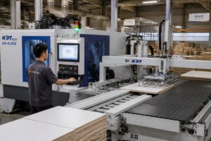A worker operating a well-matched automatic loading and unloading system on a nested-based CNC machining center in a panel furniture factory