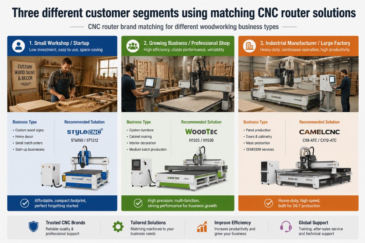 Three different customer segments using matching CNC router solutions