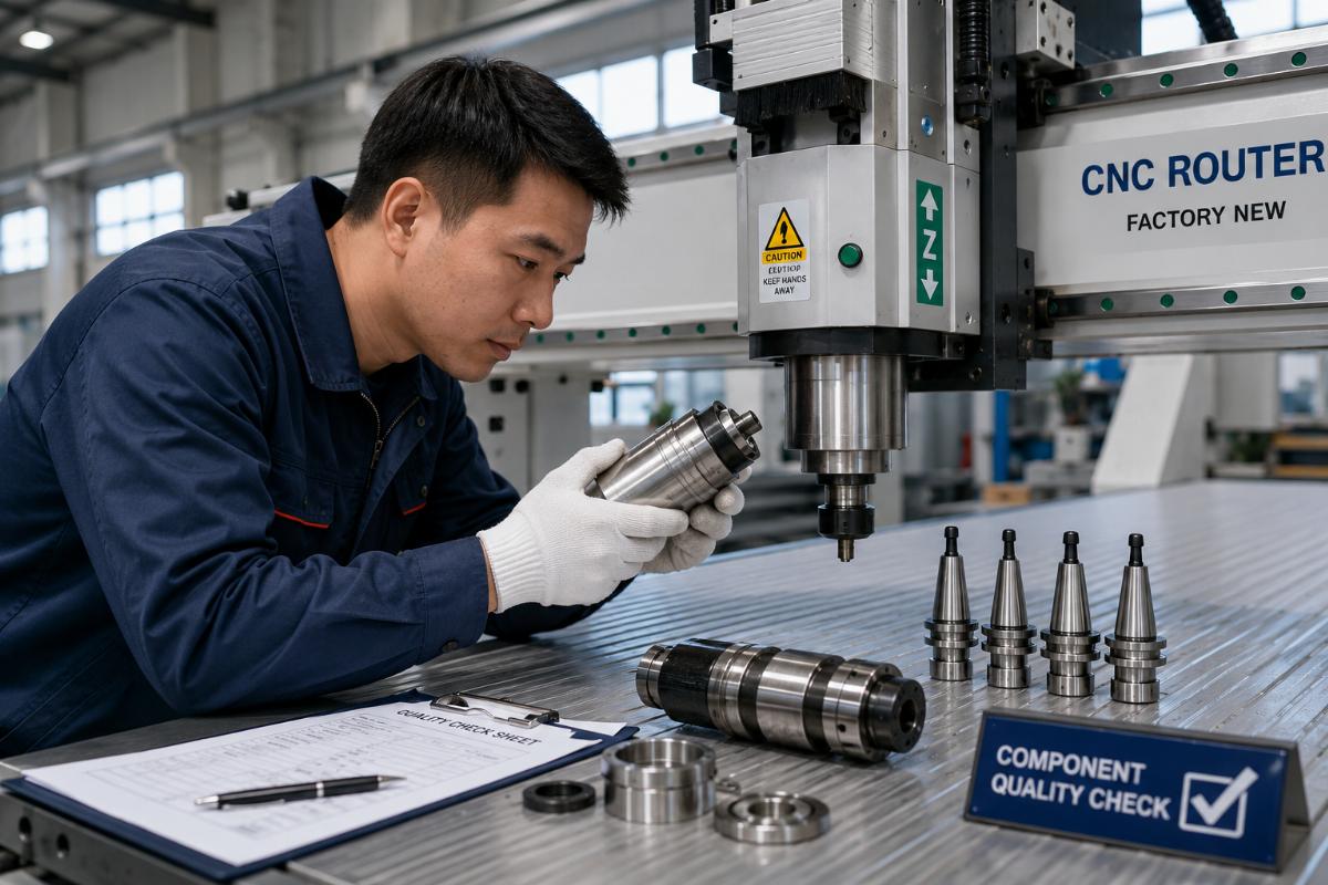 CNC router component quality check Technician inspecting spindle components of a factory-new CNC router