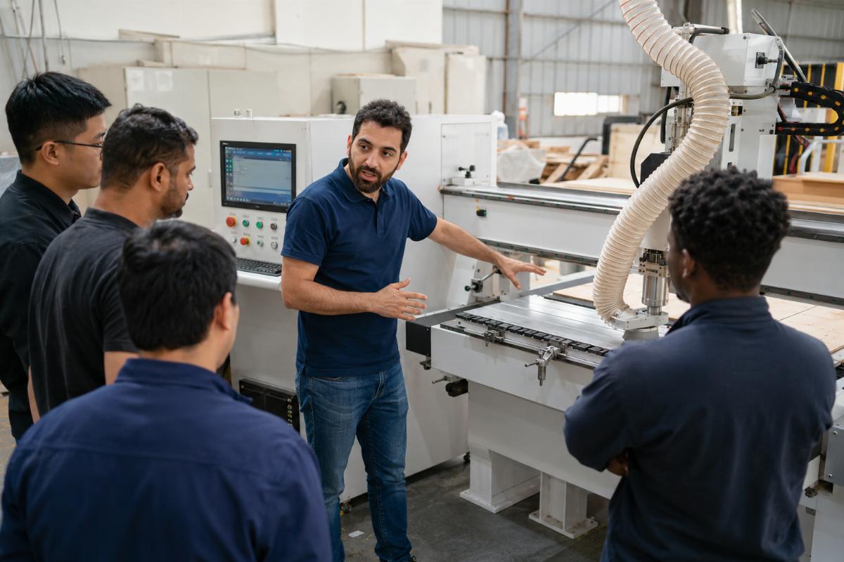 CNC router on-site support and training Multilingual technician walking a workshop team through CNC router operation during on-site installation
