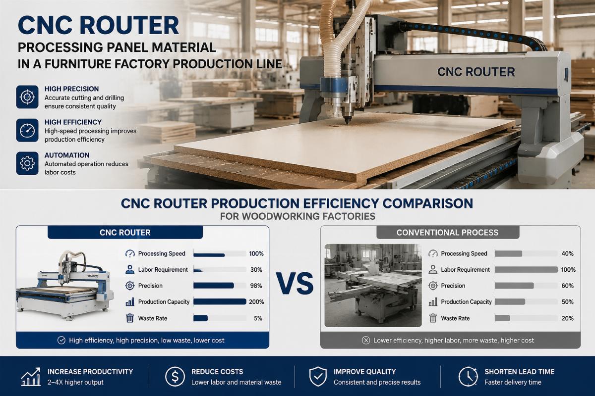CNC router processing panel material in a furniture factory production line