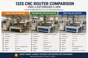 Side-by-side comparison of a used, refurbished, and new 1325 CNC router in a production workshop