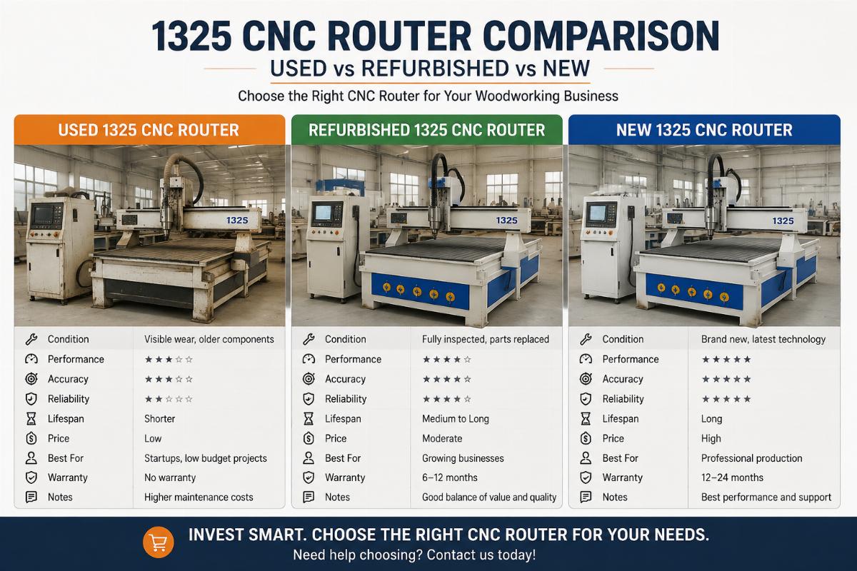 CNC router purchase comparison for woodworking Side-by-side comparison of a used, refurbished, and new 1325 CNC router in a production workshop