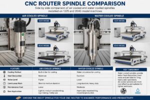 Side by side comparison of air cooled and water cooled CNC router spindles installed on 1325 and 2040 model machines