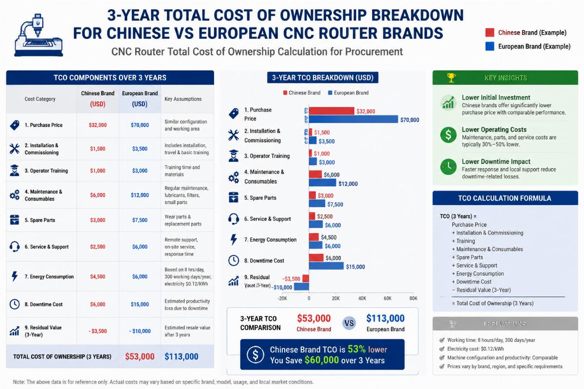 3-year total cost of ownership breakdown for Chinese vs European CNC router brands