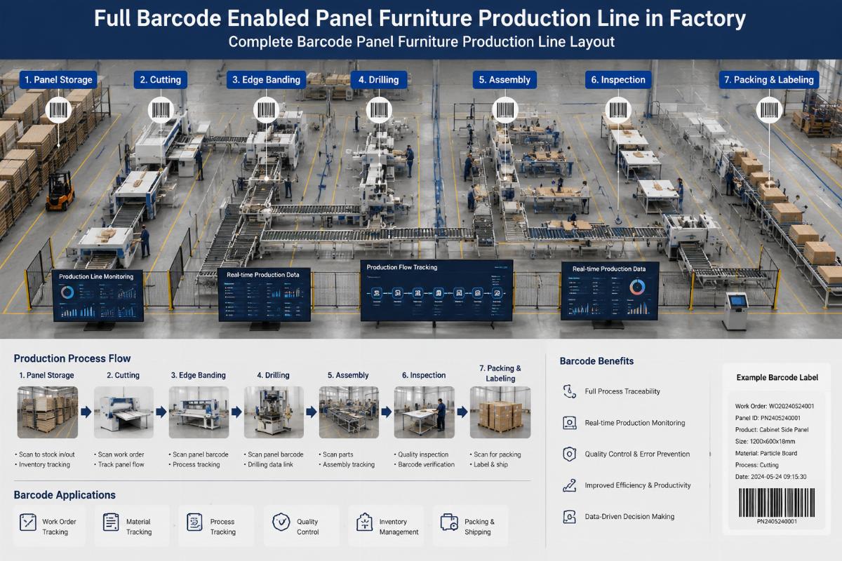 Complete barcode panel furniture production line layout Full barcode enabled panel furniture production line in factory facility