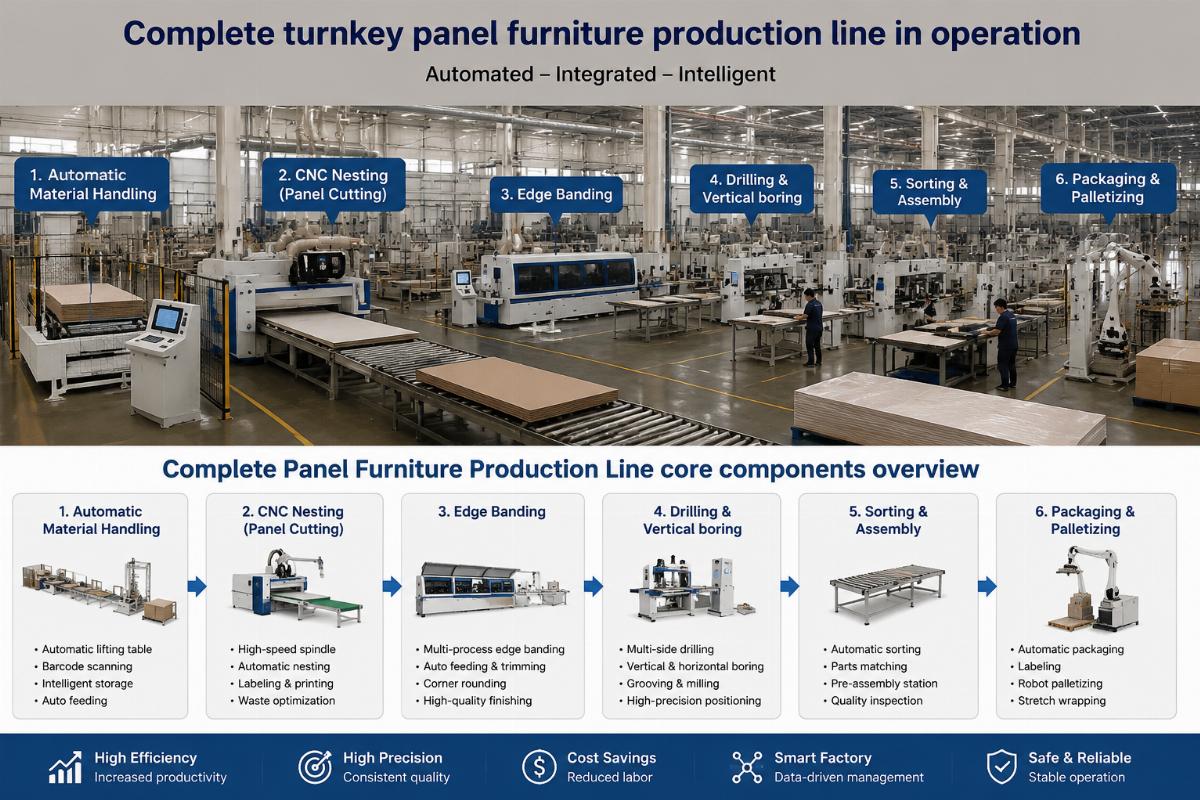 Complete Panel Furniture Production Line core components overview Complete turnkey panel furniture production line in operation at a mid-sized factory