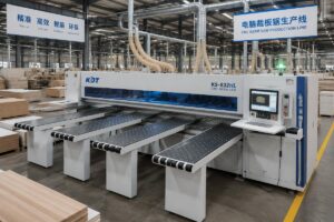 A factory floor with automated computer controlled beam saw processing stacked wood panels