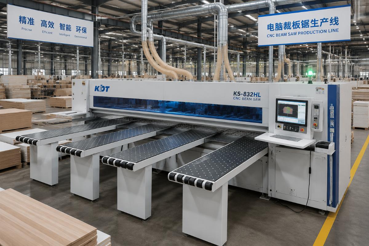 Computer controlled beam saw for panel cutting from China A factory floor with automated computer controlled beam saw processing stacked wood panels