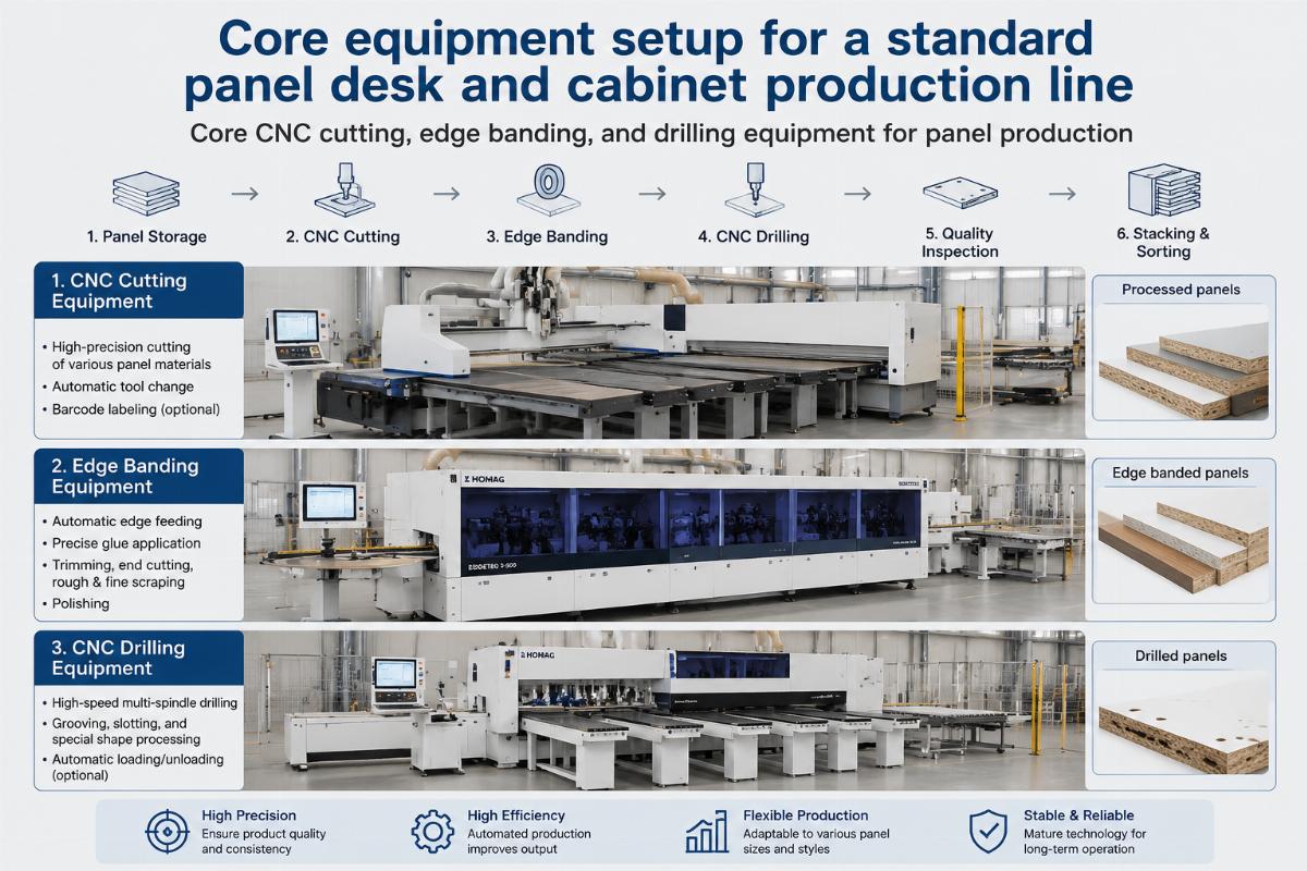 Core CNC cutting, edge banding, and drilling equipment for panel production Core equipment setup for a standard panel desk and cabinet production line