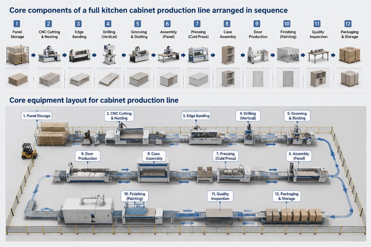 Core components of a full kitchen cabinet production line arranged in sequence
