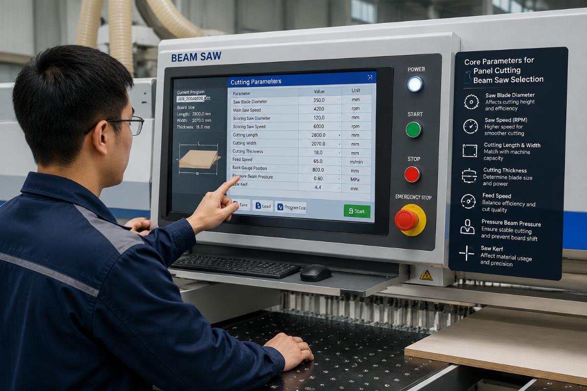 Core parameters for panel cutting beam saw selection Technician adjusting parameters on a computer controlled beam saw control panel