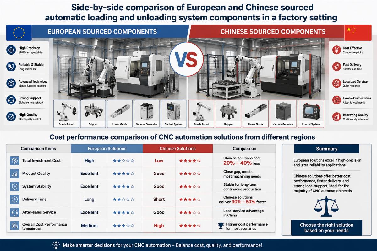 Cost performance comparison of CNC automation solutions from different regions Side-by-side comparison of European and Chinese sourced automatic loading and unloading system components in a factory setting