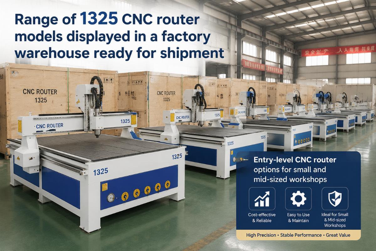 Entry-level CNC router options for small and mid-sized workshops Range of 1325 CNC router models displayed in a factory warehouse ready for shipment