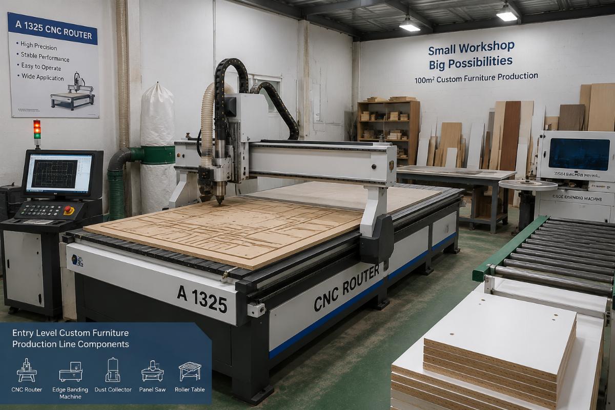 entry level custom furniture production line components A 1325 CNC router running nested cutting operations in a small 100 square meter workshop