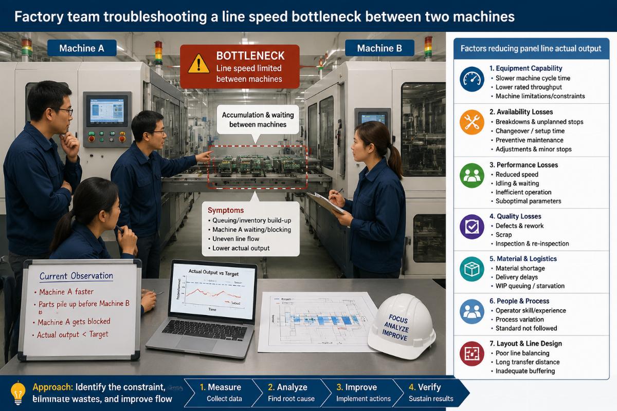 Factors reducing panel line actual output Factory team troubleshooting a line speed bottleneck between two machines