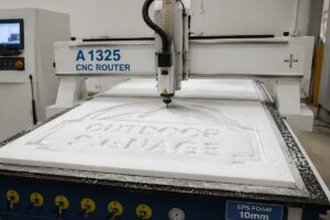 A 1325 foam CNC router processing 10mm EPS sheet for outdoor signage