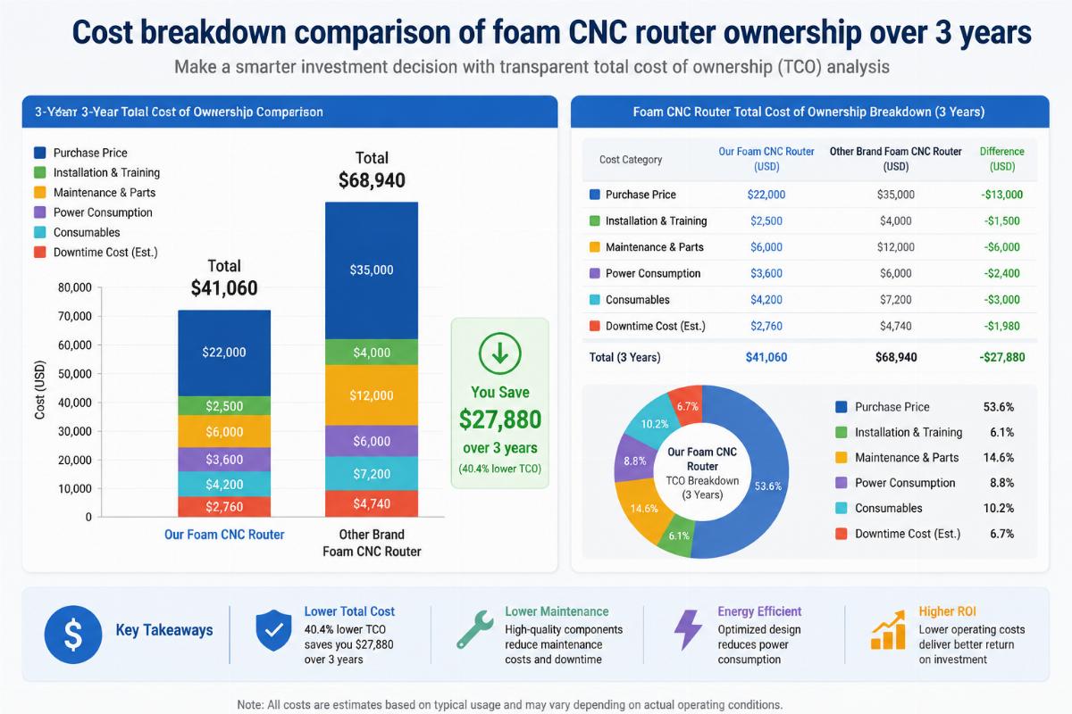 Foam CNC router total cost of ownership breakdown Cost breakdown comparison of foam CNC router ownership over 3 years