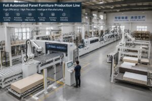 A mid-sized panel furniture production line running with automatic loading and unloading systems, with only 1 operator on site