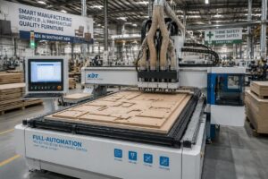 A full-automation nested-based CNC machining center processing MDF panels in a Southeast Asian furniture factory