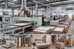 A full nested-based CNC production line running continuous panel cutting for wardrobe components in a mid-sized furniture factory