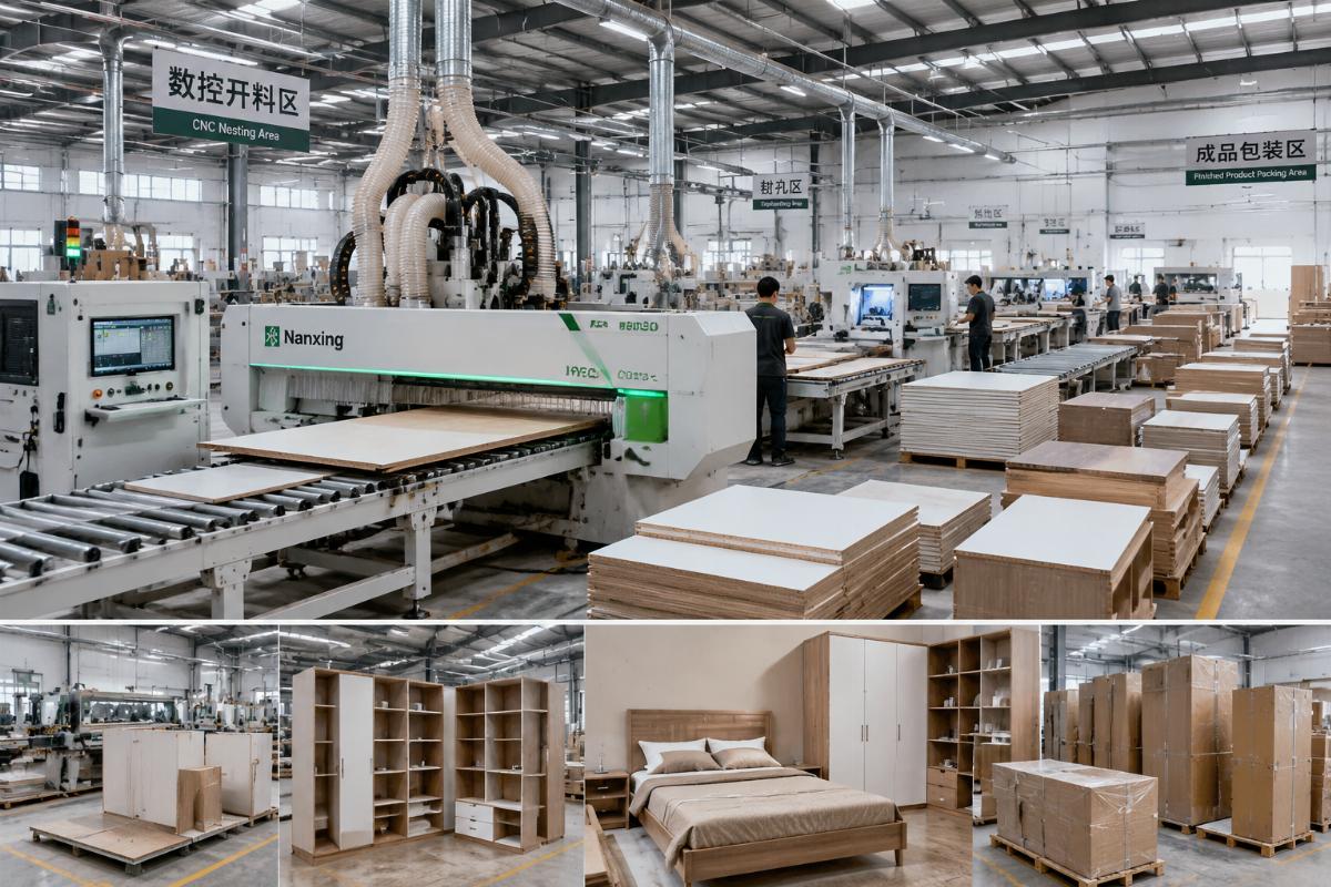 Full bedroom furniture production line in operation A full nested-based CNC production line running continuous panel cutting for wardrobe components in a mid-sized furniture factory