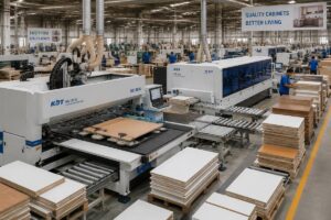 Mid-sized cabinet factory production floor with fully automated nested CNC line and edge banding machine