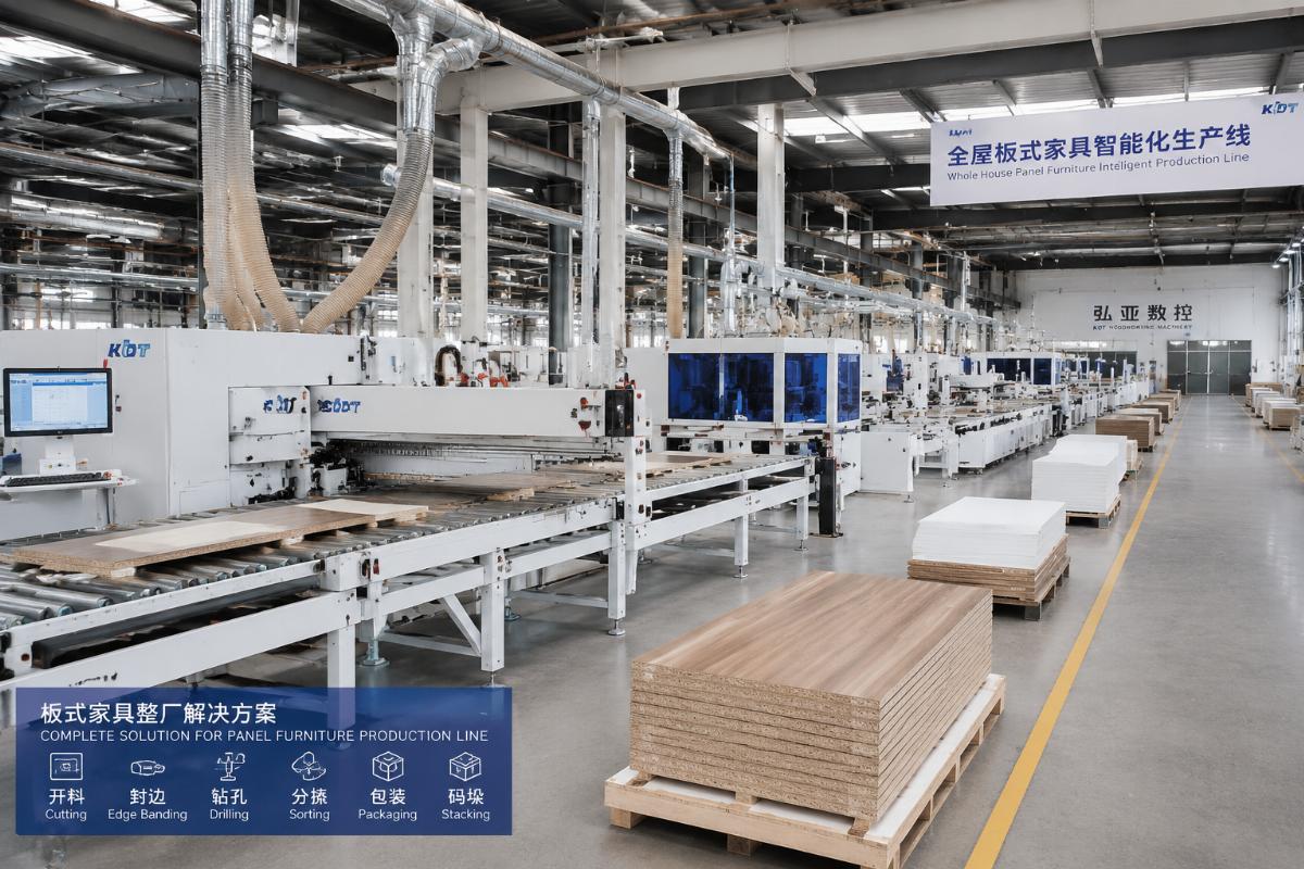 Full turnkey panel production line from Chinese woodworking manufacturer Completed panel desk and cabinet production line running in a mid-sized furniture factory