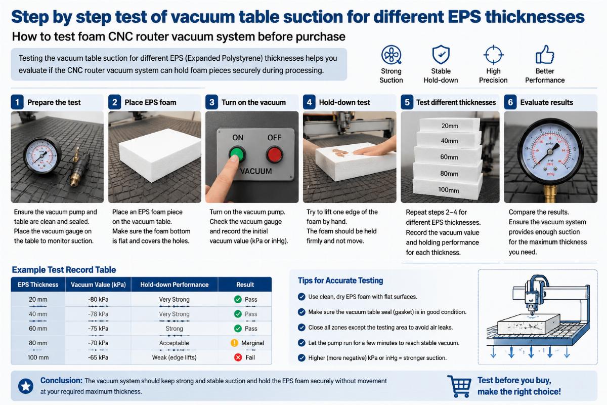 How to test foam CNC router vacuum system before purchase Step by step test of vacuum table suction for different EPS thicknesses