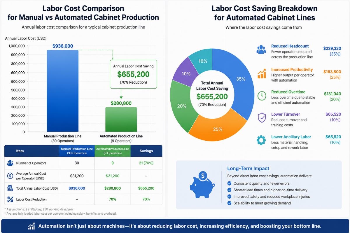 Labor cost comparison chart for manual vs automated cabinet production