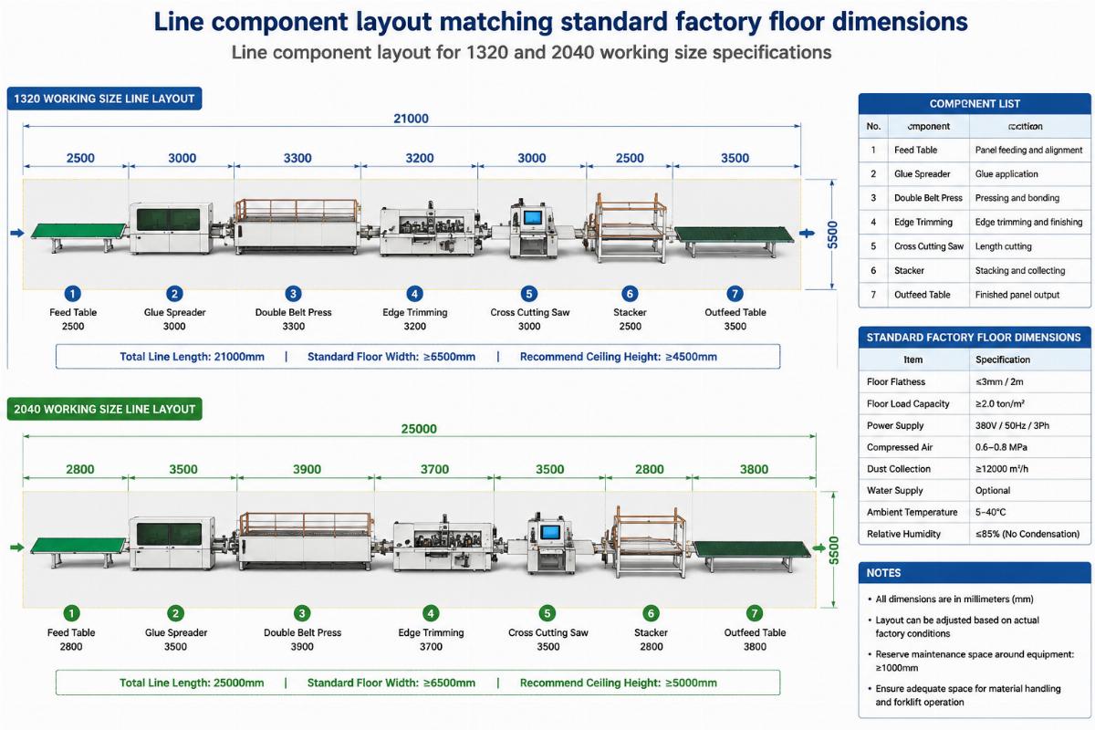 Line component layout for 1320 and 2040 working size specifications Line component layout matching standard factory floor dimensions
