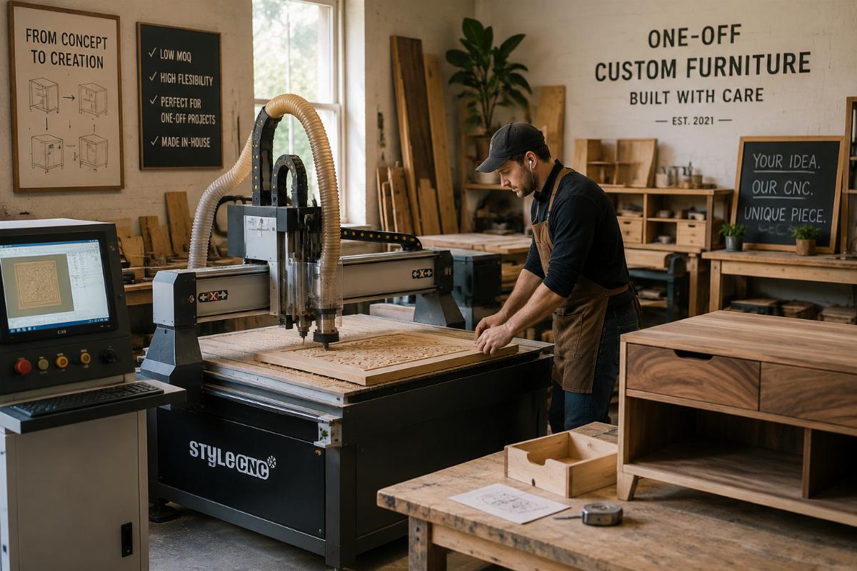 A small custom furniture shop using a configurable factory CNC router for one-off projects