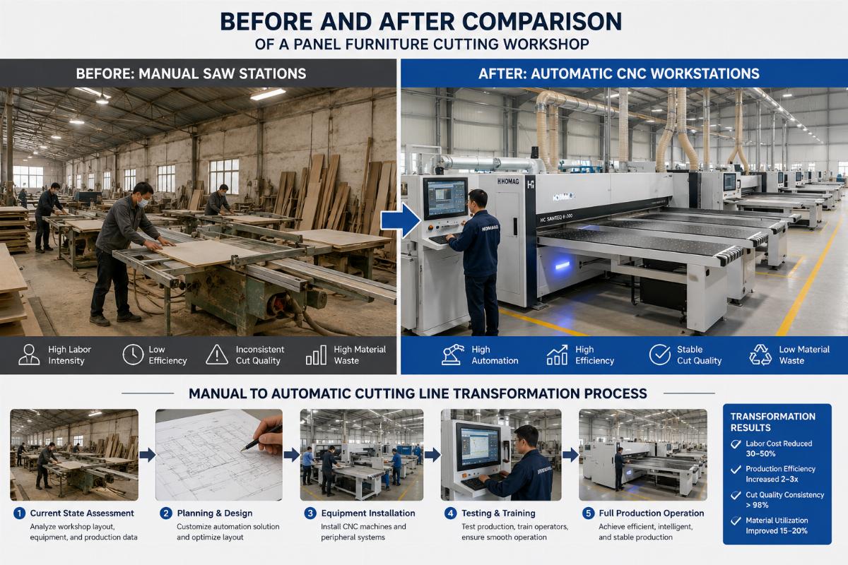 manual to automatic cutting line transformation process Before and after comparison of a panel furniture cutting workshop: old manual saw stations on the left, new automatic CNC workstations on the right