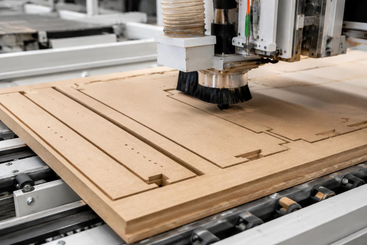 MDF panel processing on automated furniture line Close-up of nested-based CNC line processing MDF panel for wardrobe components