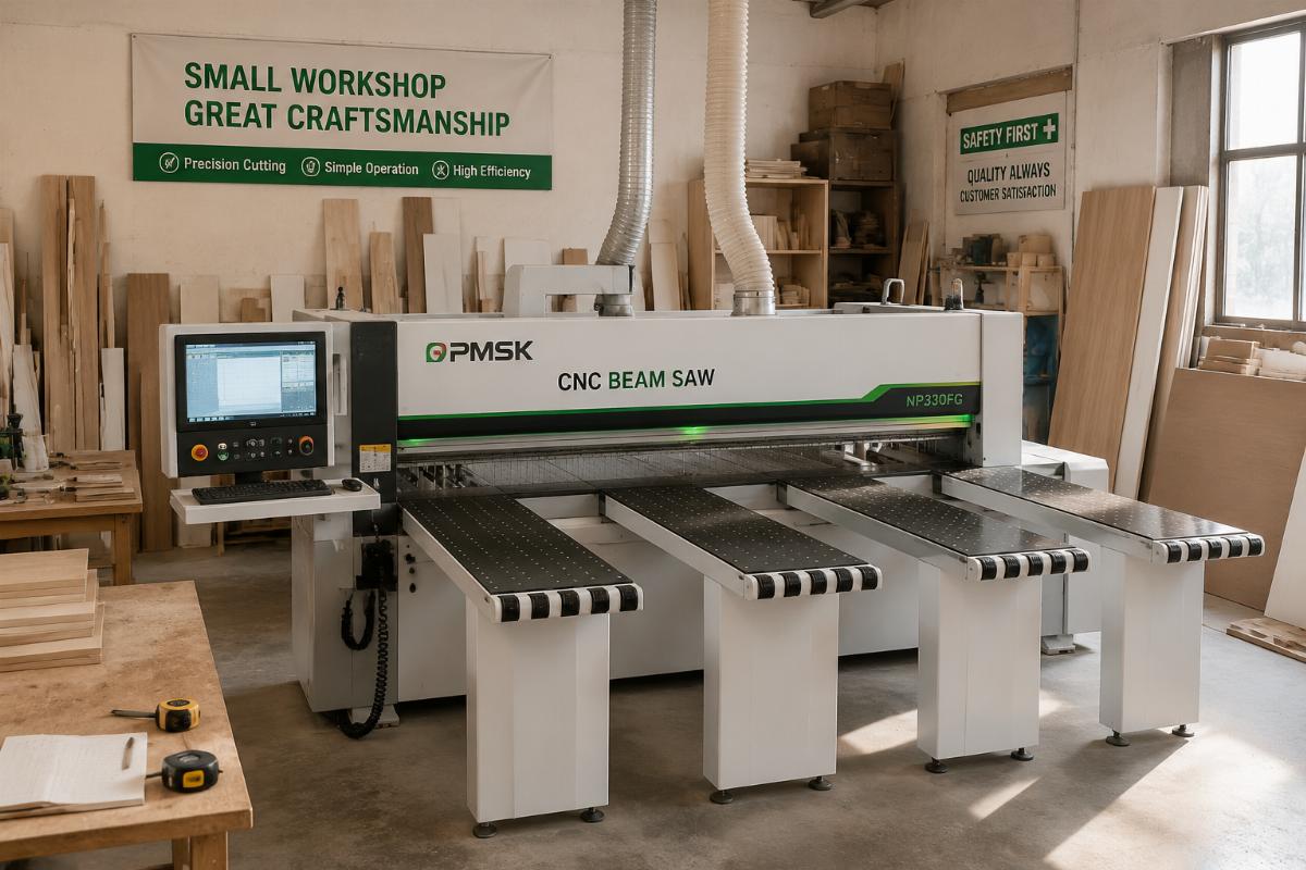 MOQ 1 CNC beam saw for small furniture workshops Small woodworking workshop with a compact computer controlled beam saw installed