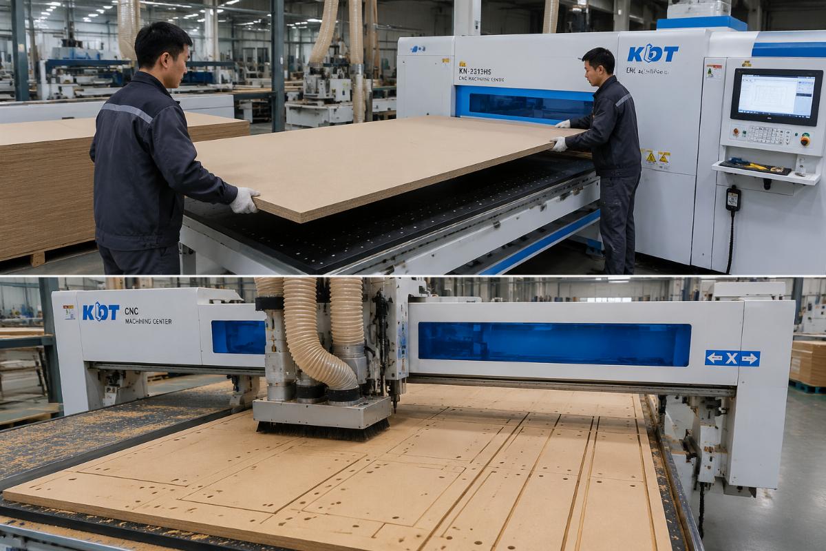 Nested-based CNC machining center in use Workers loading MDF panels onto a nested-based CNC machining center for wardrobe component cutting