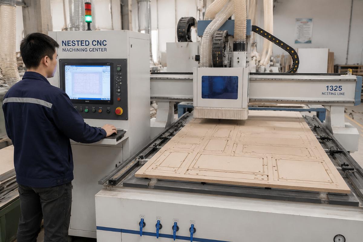 nested CNC machining center for furniture Operator running a nested CNC machining center for panel cutting